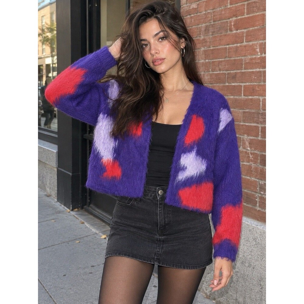 Zara Fuzzy Cardigan Sweater Womens M Purple Red Cropped Indie Sleaze Colorful